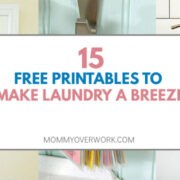 collage of free laundry printables for cleaning and home decor including stain removal tags, soap tags and more.