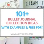 collage of bullet journal ideas to add to your bujo collection including doodle challenge and house cleaning schedule spreads.