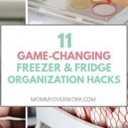 collage of freezer and fridge organization hacks including side pouches, door shelve baskets and magnetic tins.