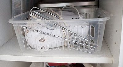 organize kitchen cabinet, drawer, or cupboard with small basket
