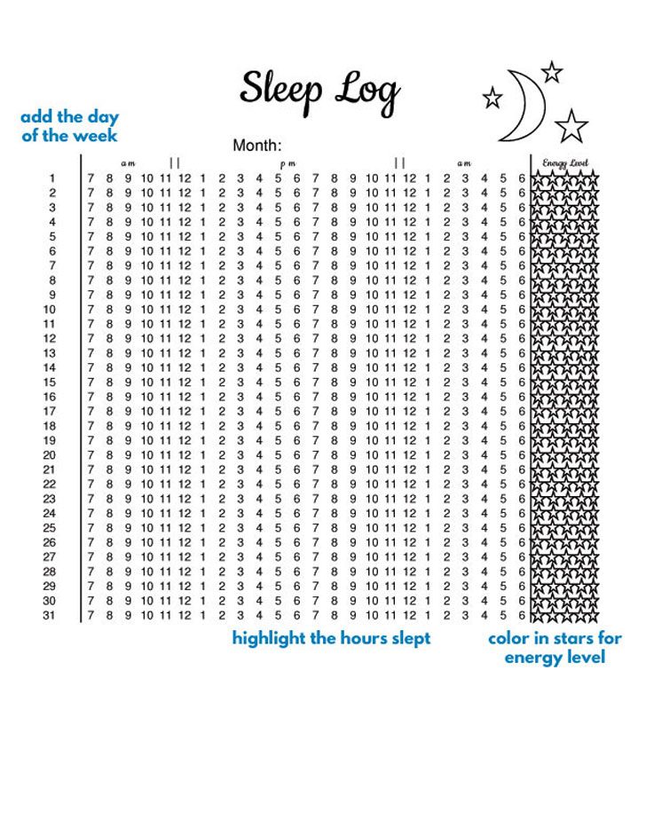 bullet journal sleep tracker log template pdf with hours and energy level rating