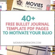 collage of free bullet journal template pdf pages including stickers, movie tracker, home cleaning and projects spreads.
