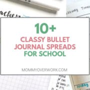 collage of school bullet journal spread ideas for high school and college students including study tracker and class schedule.