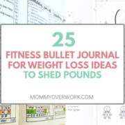 collage of fitness bullet journal ideas for weight loss including exercise tracker, meal plan and water tracker.