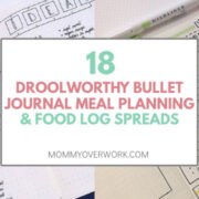 collage of bullet journal food and meal planning spreads such as recipe ideas and diet plan.
