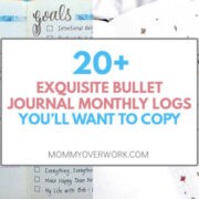 collage of bullet journal monthly logs including calendar covers and vertical timeline.