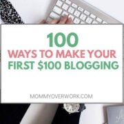 100 ways to make first $100 blogging text overlay atop black gray office desk set up cup of tea and computer keyboard.