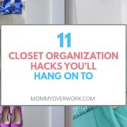 collage of closet organization ideas including shoe rack and double hanger storage hacks.