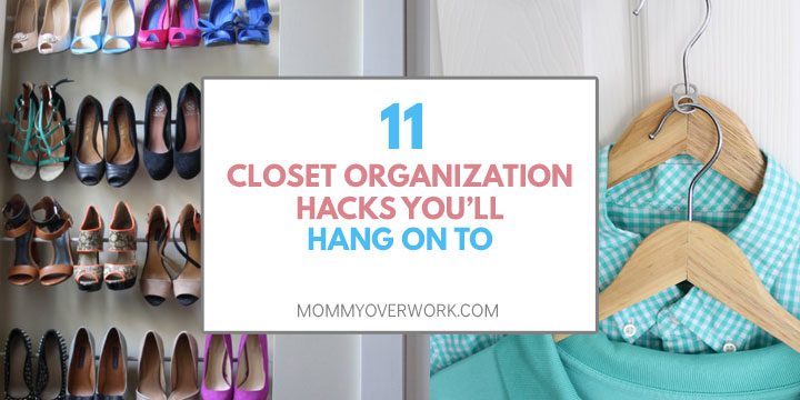 collage of closet organization ideas including shoe rack and double hanger storage hacks.