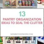 collage of pantry organization hacks including magazine holder, bins, and shelves on door.