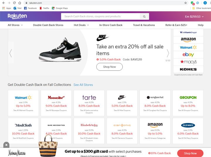 rakuten (former ebates) homepage with merchant store listing and double cash back.