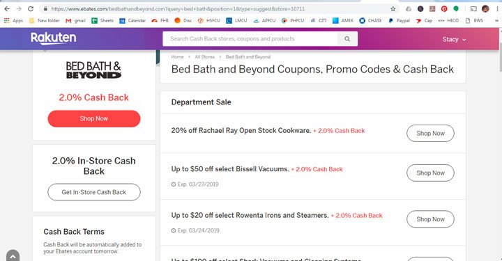 example of merchant page on rakuten (ebates) with cash back details, terms, exclusions.