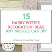 collage of harry potter decoration ideas for the home and more including ceramic mugs and free wall art printable.