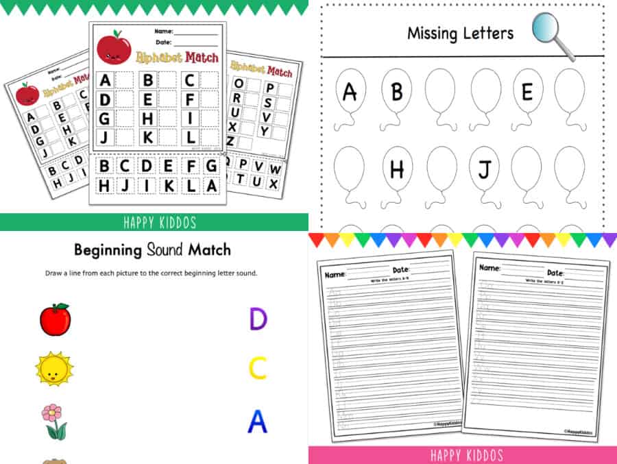 collage of free abc worksheets with missing letters, handwriting, and beginning sound activity printables.