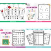 collage of free alphabet worksheets including tracing, handwriting, and matching practice.