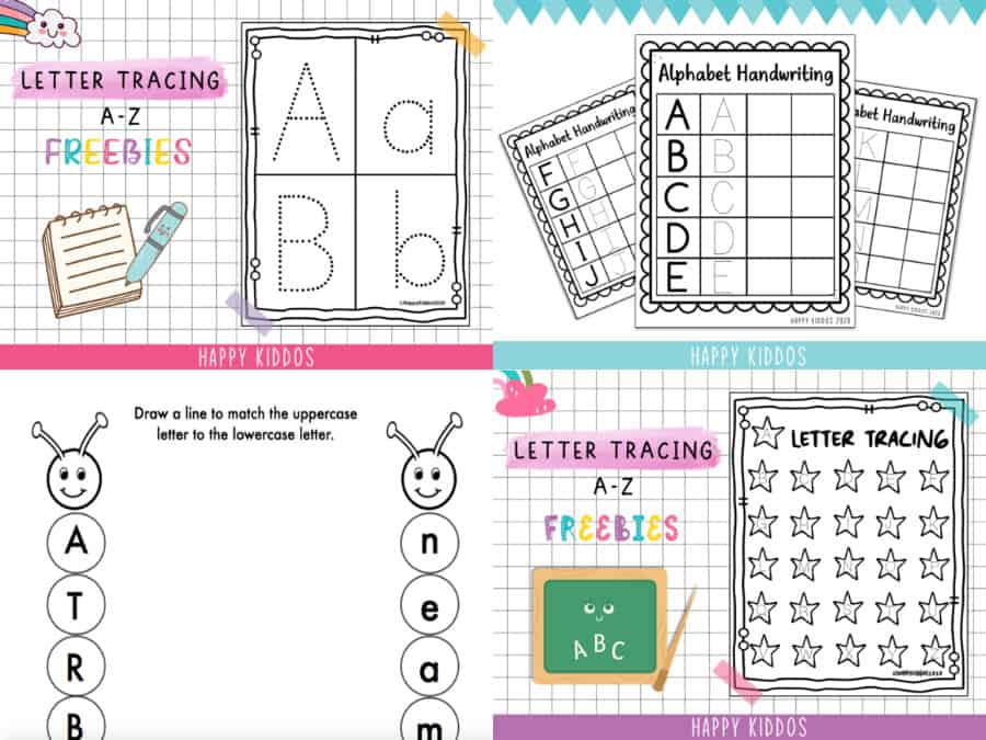 collage of abc tracing worksheets, caterpillar letter matching, and star tracing printables.