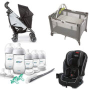 collage of baby essentials - bottles, pack n play, stroller, car seat.