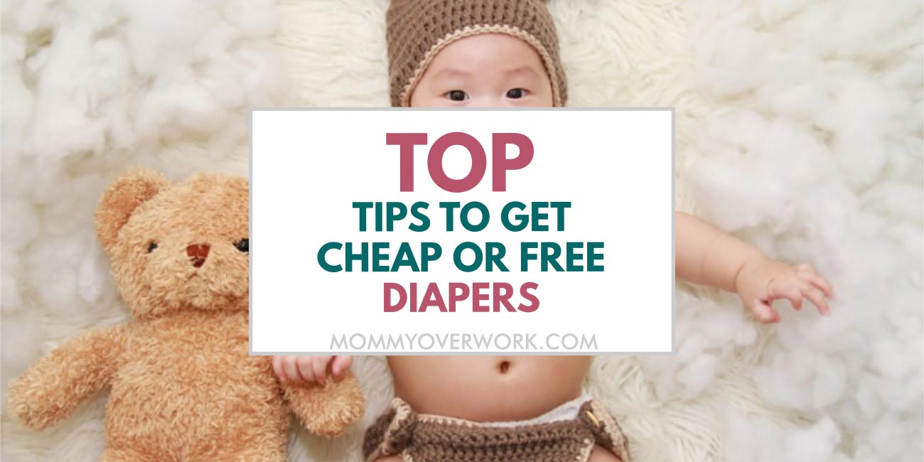 top tips to get cheap or free diapers text atop baby with knitted diaper and hat.