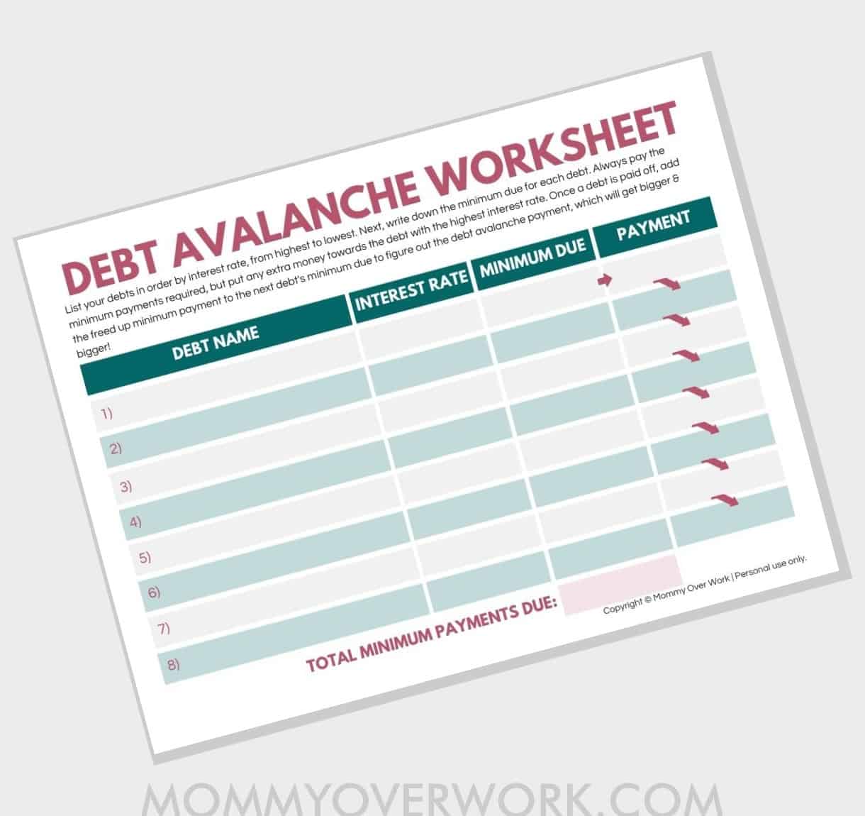 free debt avalanche worksheet tracker printable.