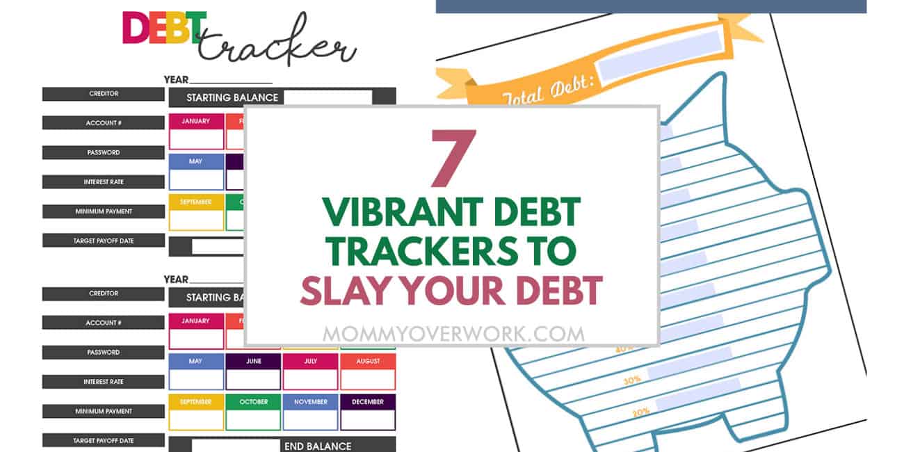 vibrant debt trackers to smash debt text atop collage of debt worksheets.