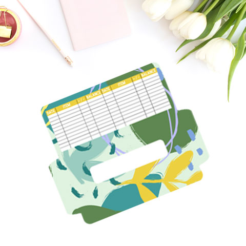 free cash envelope printable template with abstract teal, green, yellow botanical design.