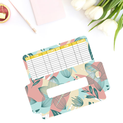 free cash envelope printable template with pink, teal, tan floral botanical design.