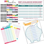 collage of debt tracker, avalanche, overview, and piggy bank printables.
