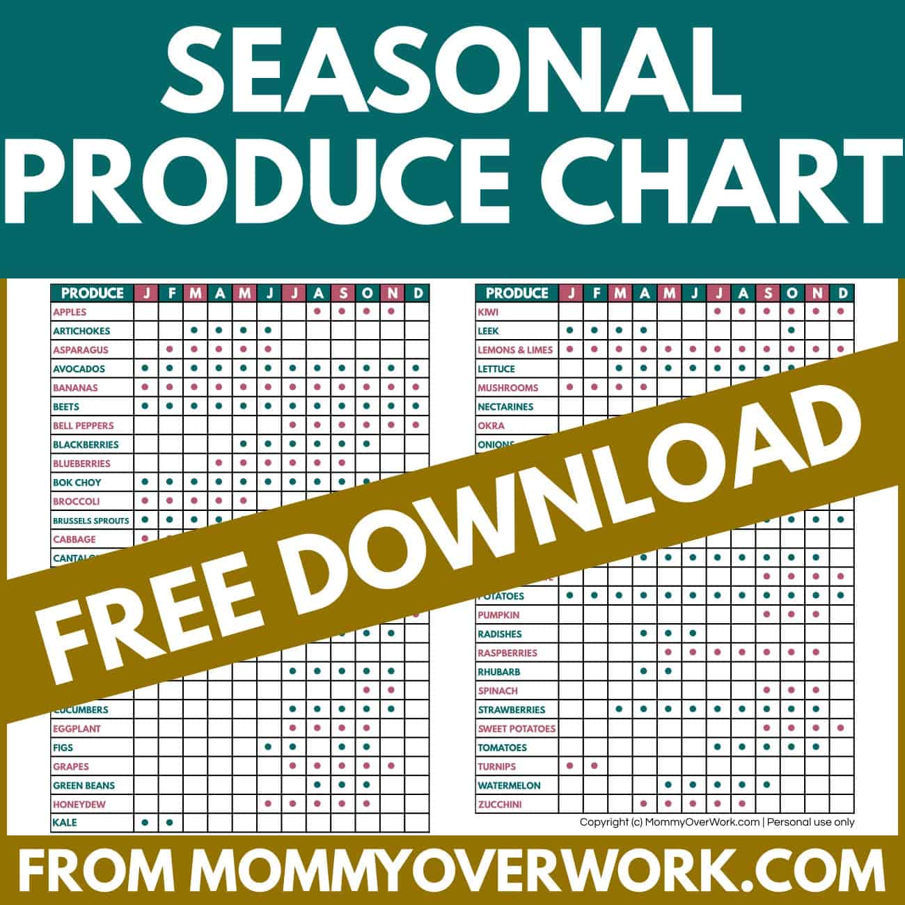 preview of free seasonal produce chart pdf printable sorted by fruit and vegetable and month of the year.