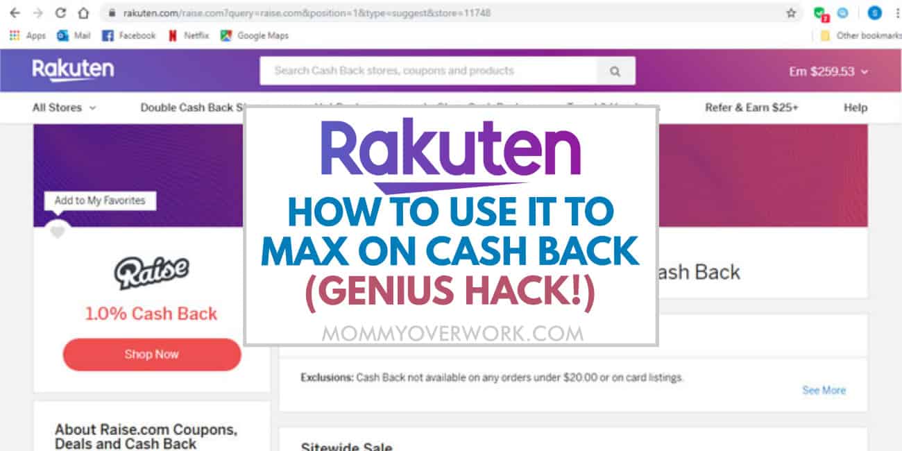 how to use rakuten (ebates) to get triple cash back text atop screenshot of raise vendor on rakuten site.