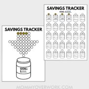preview of free savings jar printables - arrow of coins dropping into mason jar and chart of 30 mini jars.