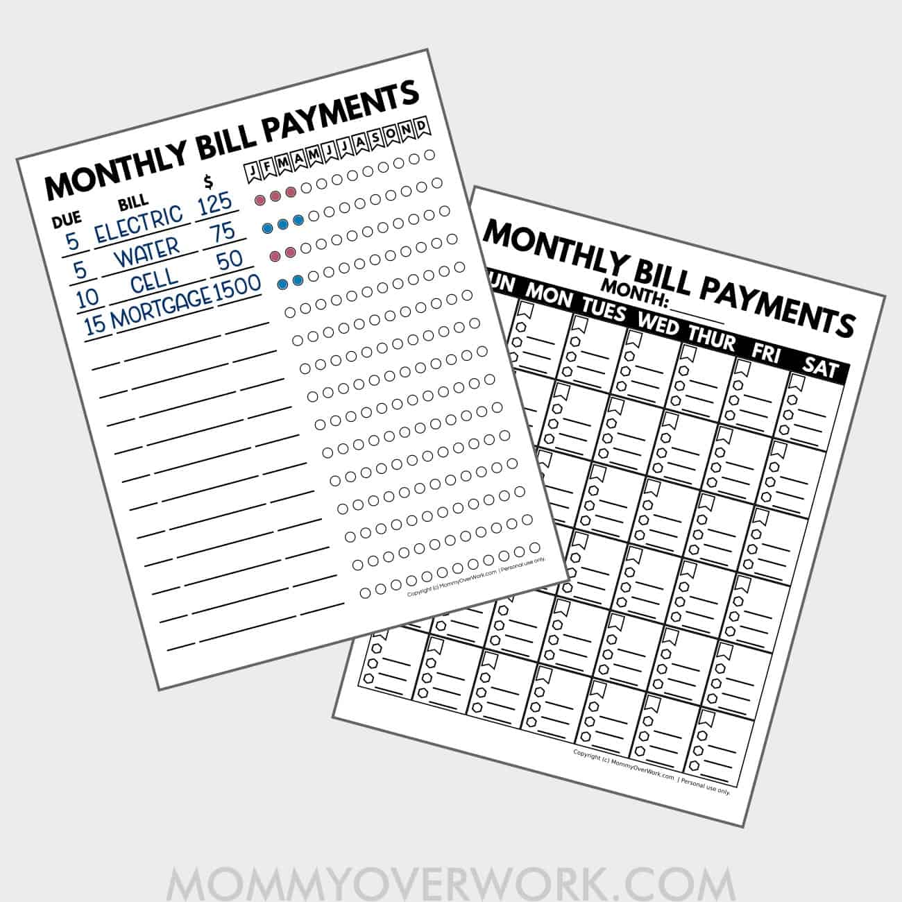preview of free monthly bill payment printables - annual checklist overview with circles to bubble, calendar view.