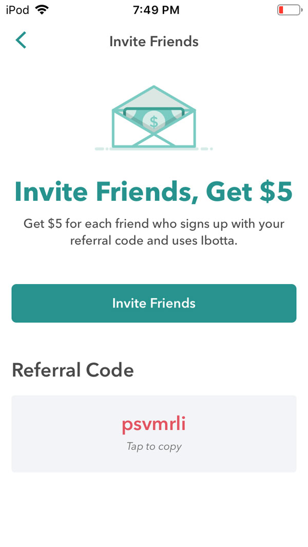 ibotta app review screenshot of referral bonus with personal invite code.