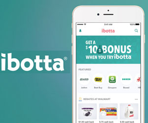 ibotta ad with mobile phone showing banner to get $10 welcome bonus.