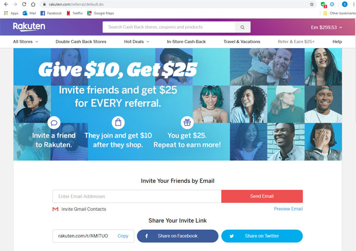 rakuten ebates $25 referral bonus welcome promo code invite link screenshot.