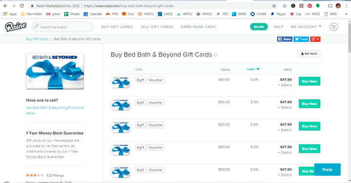 example of raise.com merchant gift card listings for bed, bath, and beyond.